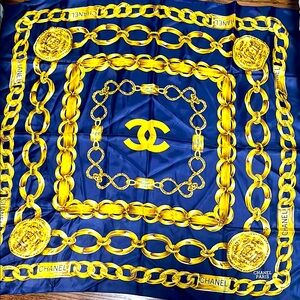Chanel Blue and Gold Silk Scarf